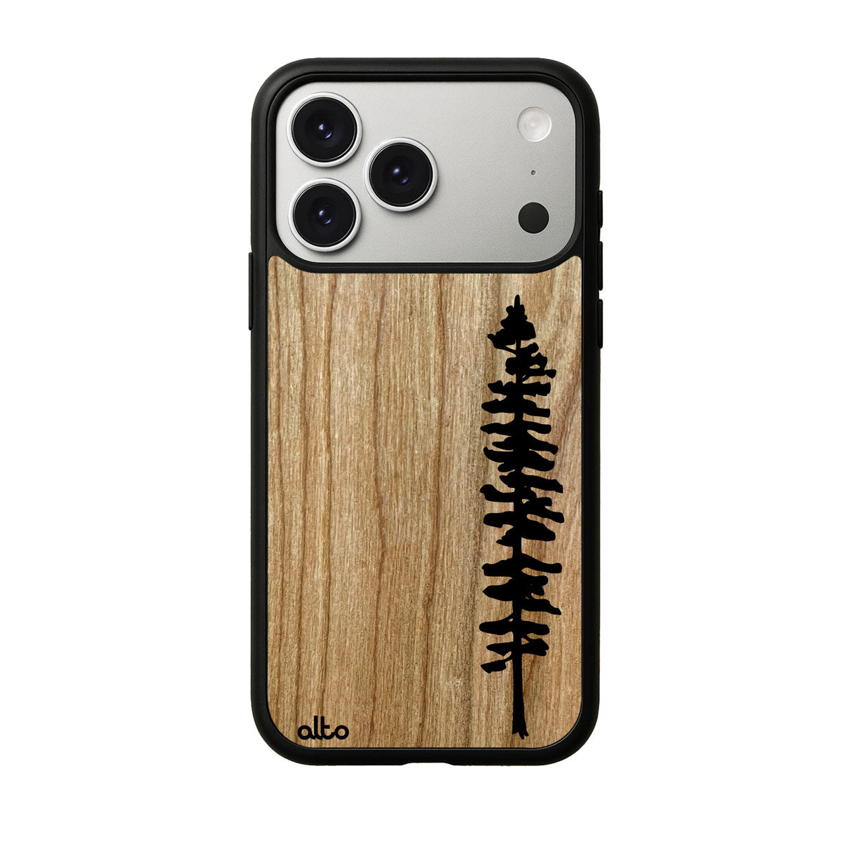 Cherry wood with Sitka Spruce design engraved wood phone case for iPhone 17 pro by Alto Collective