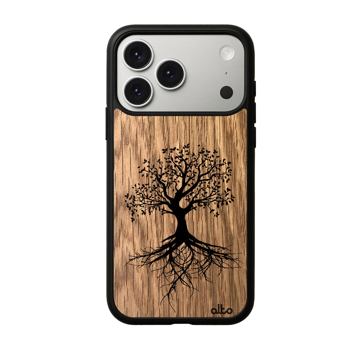 Oak wood with Tree of life with reaching roots engraved wood phone case for iPhone 17 pro by Alto Collective