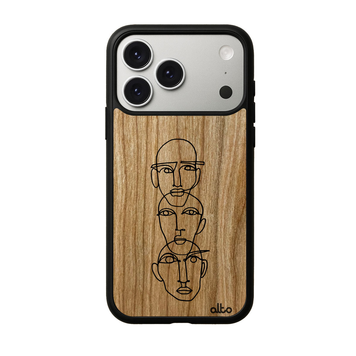 Cherry wood with a gallery line drawing three heads design engraved wood phone case for iPhone 17 pro by Alto Collective