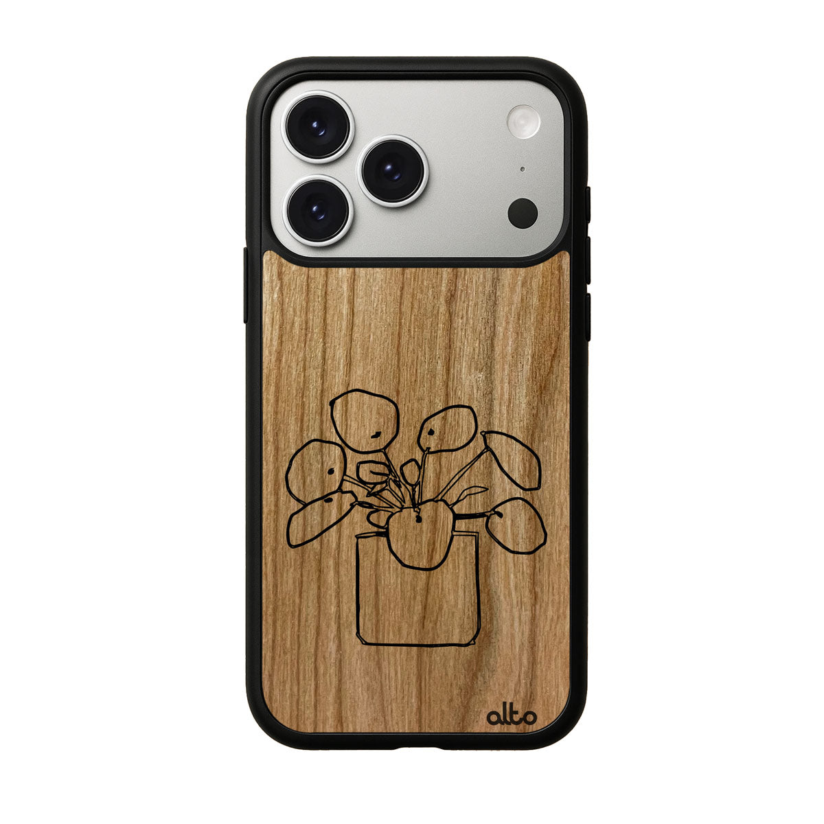 Cherry wood with a Money plant design engraved wood phone case for iPhone 17 pro by Alto Collective