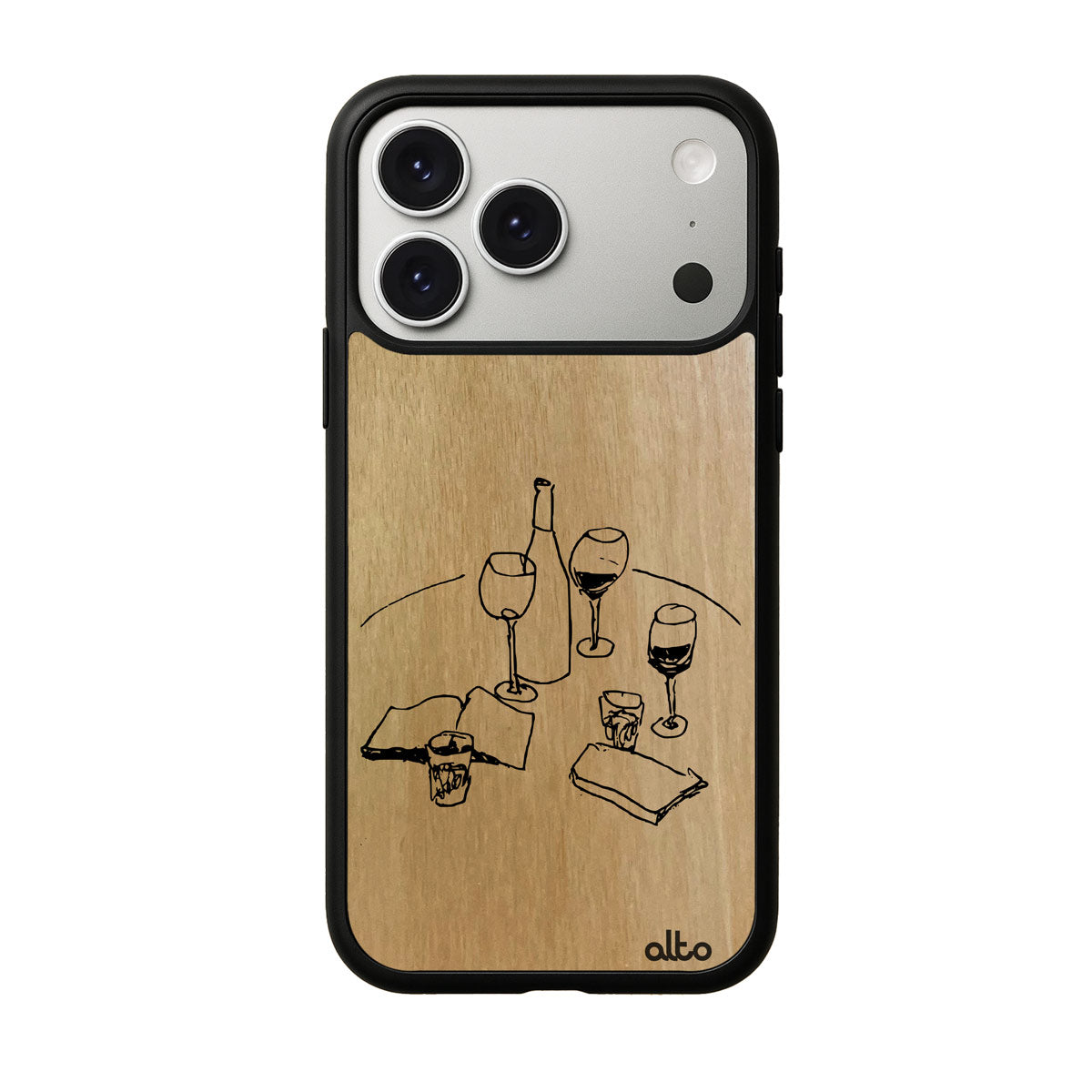 Anigre wood with a gallery line drawing Tabletop with wine design engraved wood phone case for iPhone 17 pro by Alto Collective