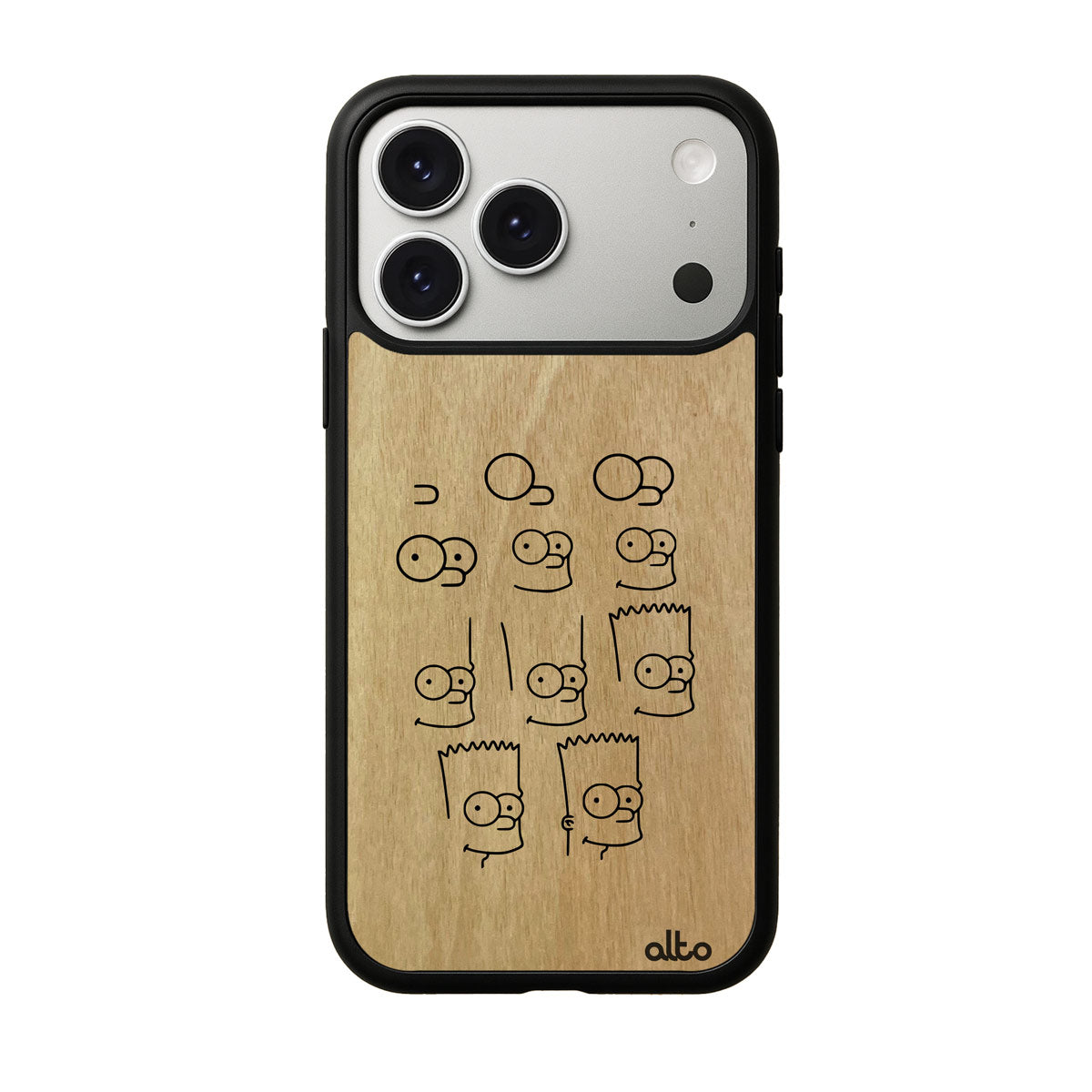 Anigre wood with a Bart Simpson drawing design engraved wood phone case for iPhone 17 pro by Alto Collective