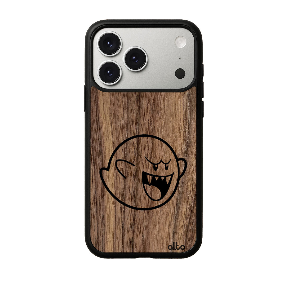 Walnut wood with BOO design engraved wood phone case for iPhone 17 pro by Alto Collective