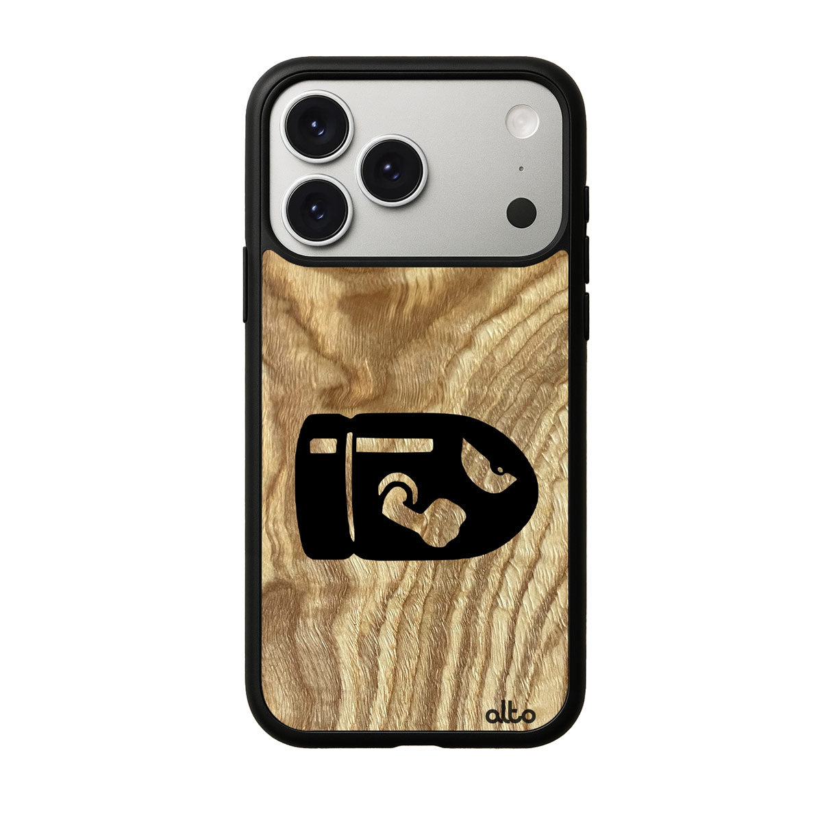 Olive wood with Bullet-Bill design engraved wood phone case for iPhone 17 pro by Alto Collective