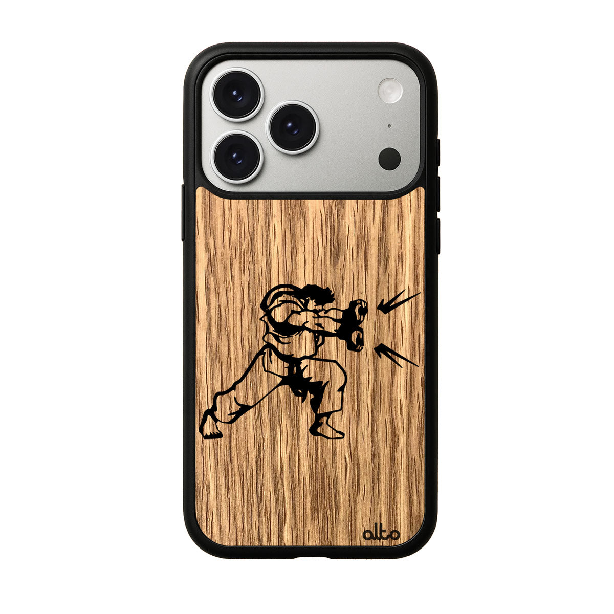 Oakwood with a Hadauken Street fighter design engraved wood phone case for iPhone 17 pro by Alto Collective