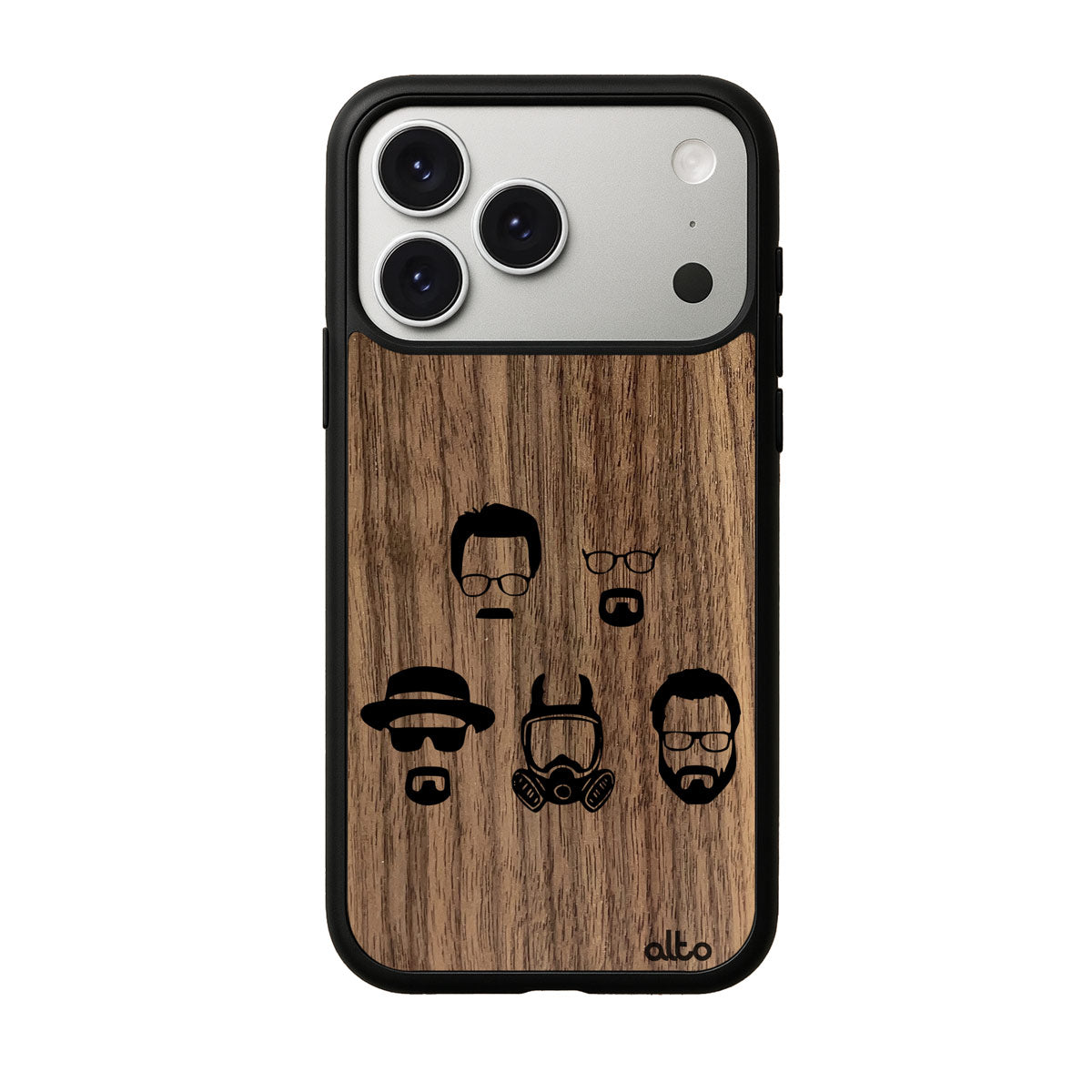 Walnut wood with Walter white faces design engraved wood phone case for iPhone 17 pro by Alto Collective