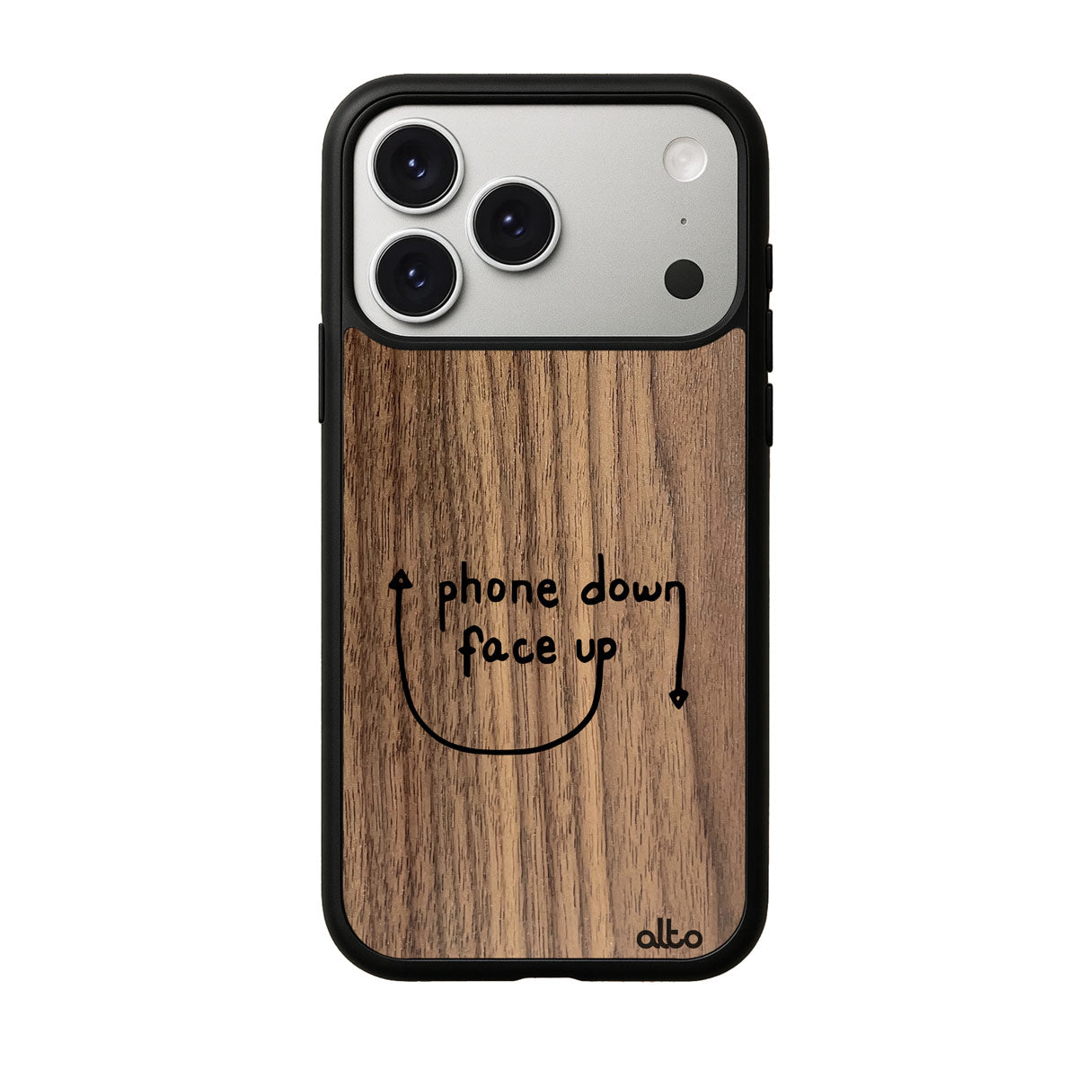 Walnut wood with a "Phone Down Face up" styled design engraved wood phone case for iPhone 17 pro by Alto Collective