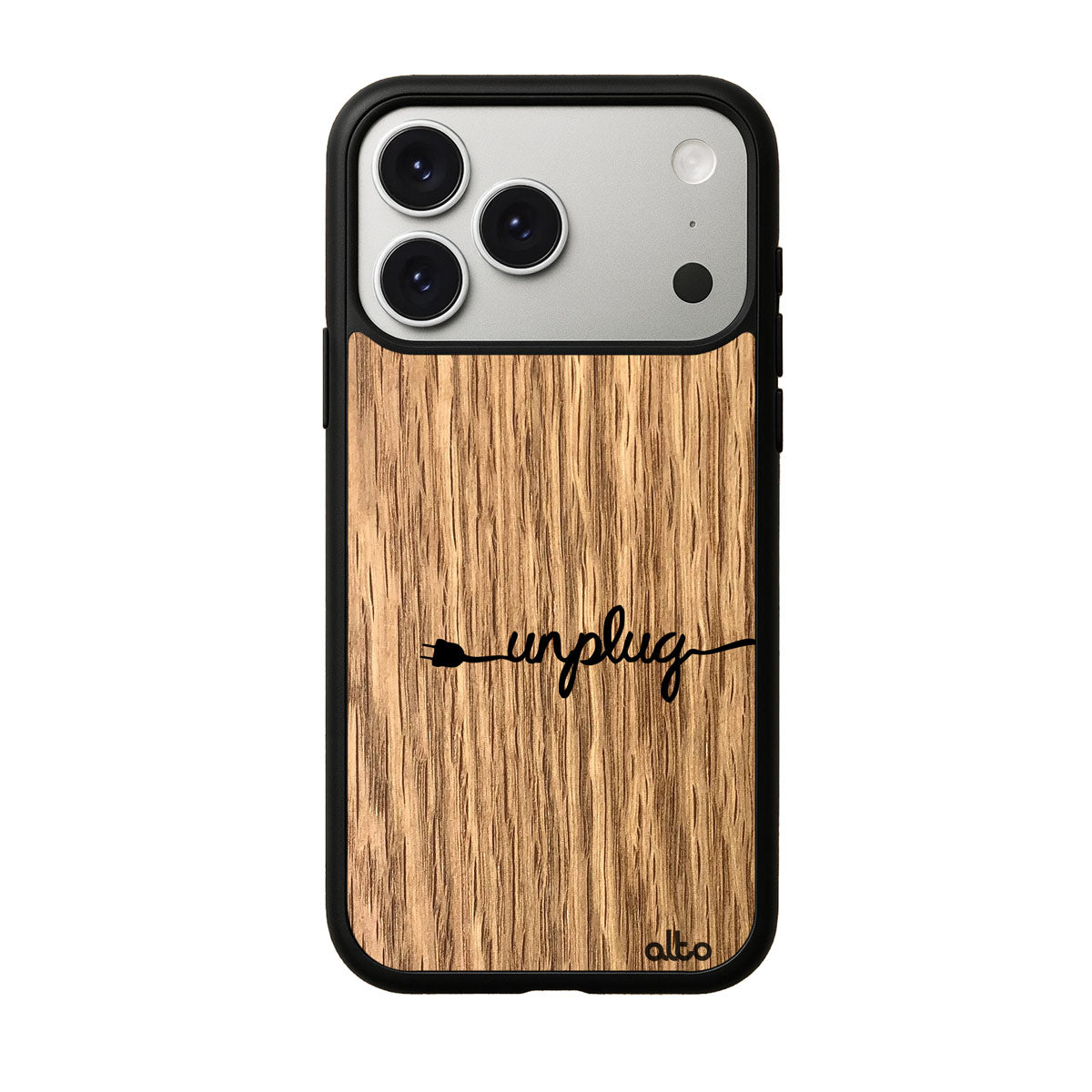 Oak wood with an "unplug" styled design engraved wood phone case for iPhone 17 pro by Alto Collective