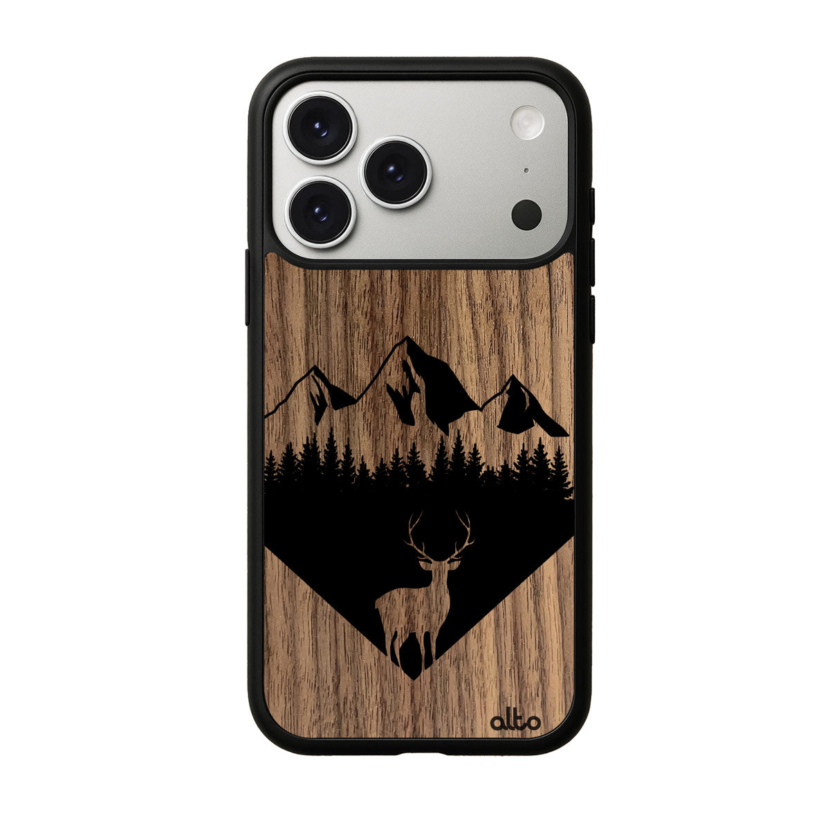 Walnut wood with Backcountry design engraved wood phone case for iPhone 17 pro by Alto Collective