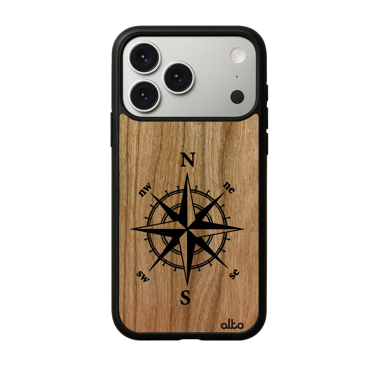 Cherry wood with a Compass design engraved wood phone case for iPhone 17 pro by Alto Collective