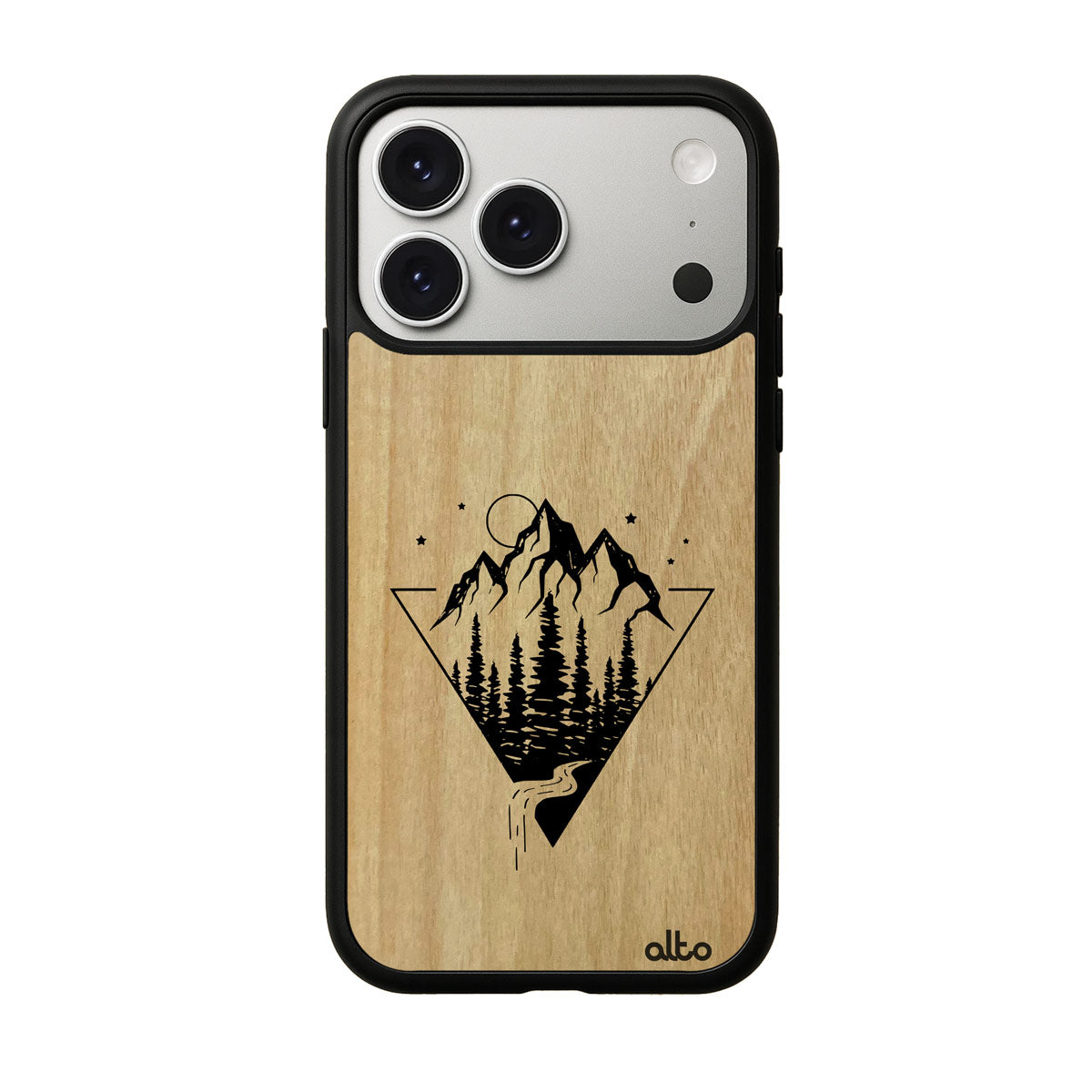 Anigre wood with a Mountain Streams design engraved wood phone case for iPhone 17 pro by Alto Collective