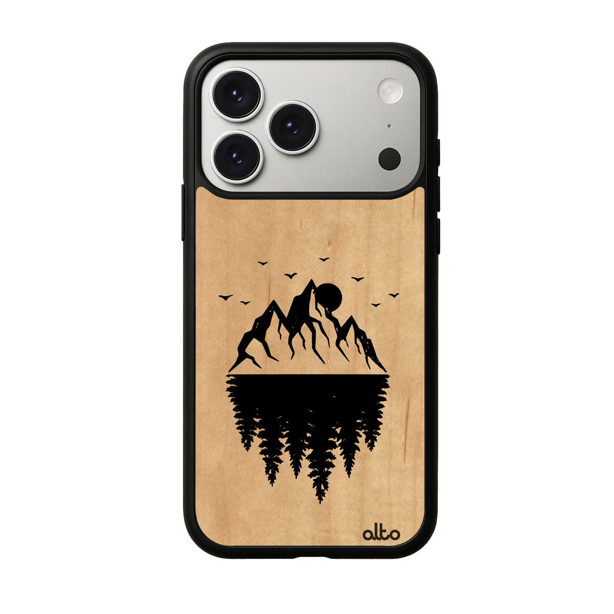 Maple wood with Reflections mountains and trees design engraved wood phone case for iPhone 17 pro by Alto Collective