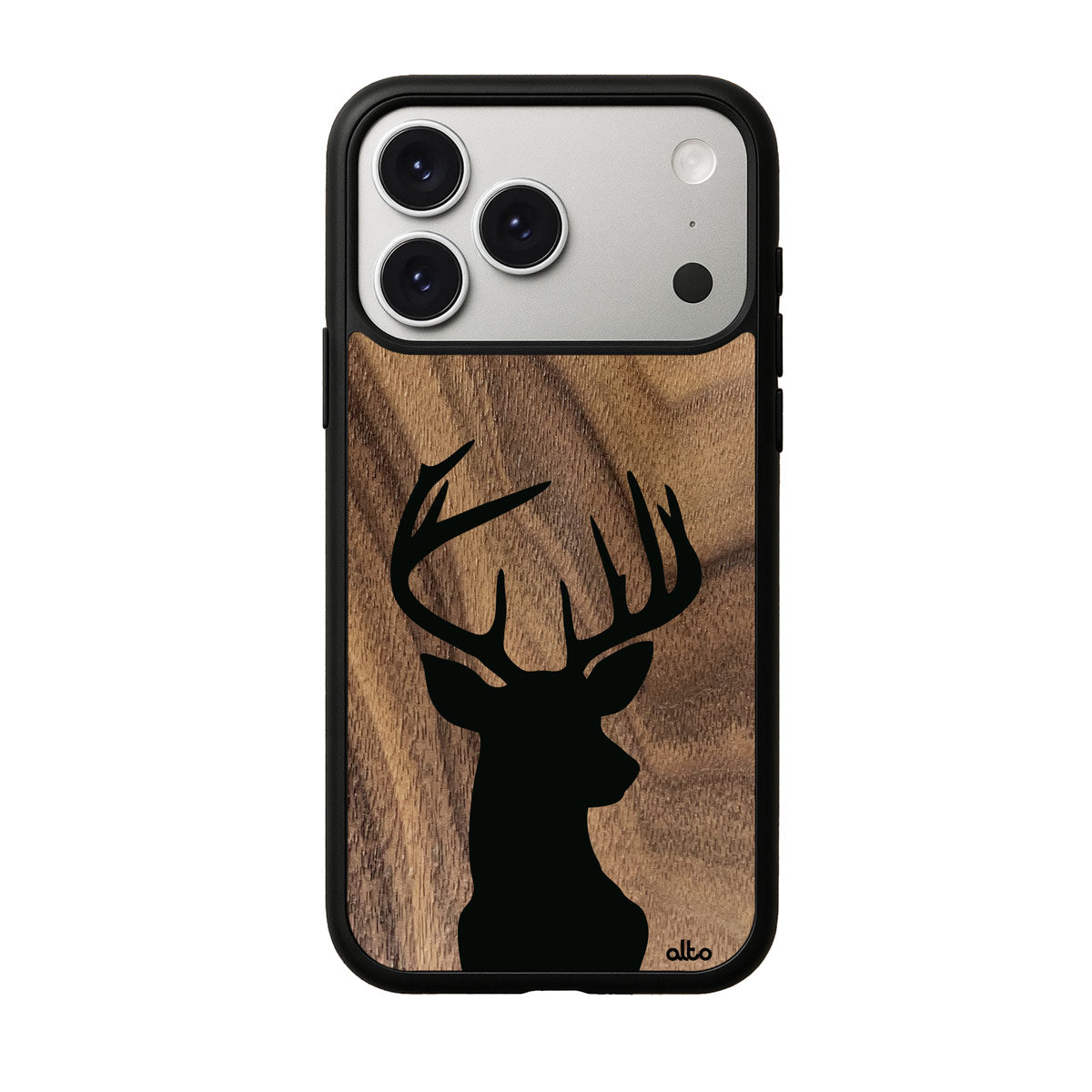 Walnut wood with Buck design engraved wood phone case for iPhone 17 pro by Alto Collective