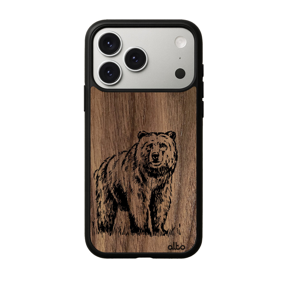 Walnut wood with Grizzly Bear design engraved wood phone case for iPhone 17 pro by Alto Collective