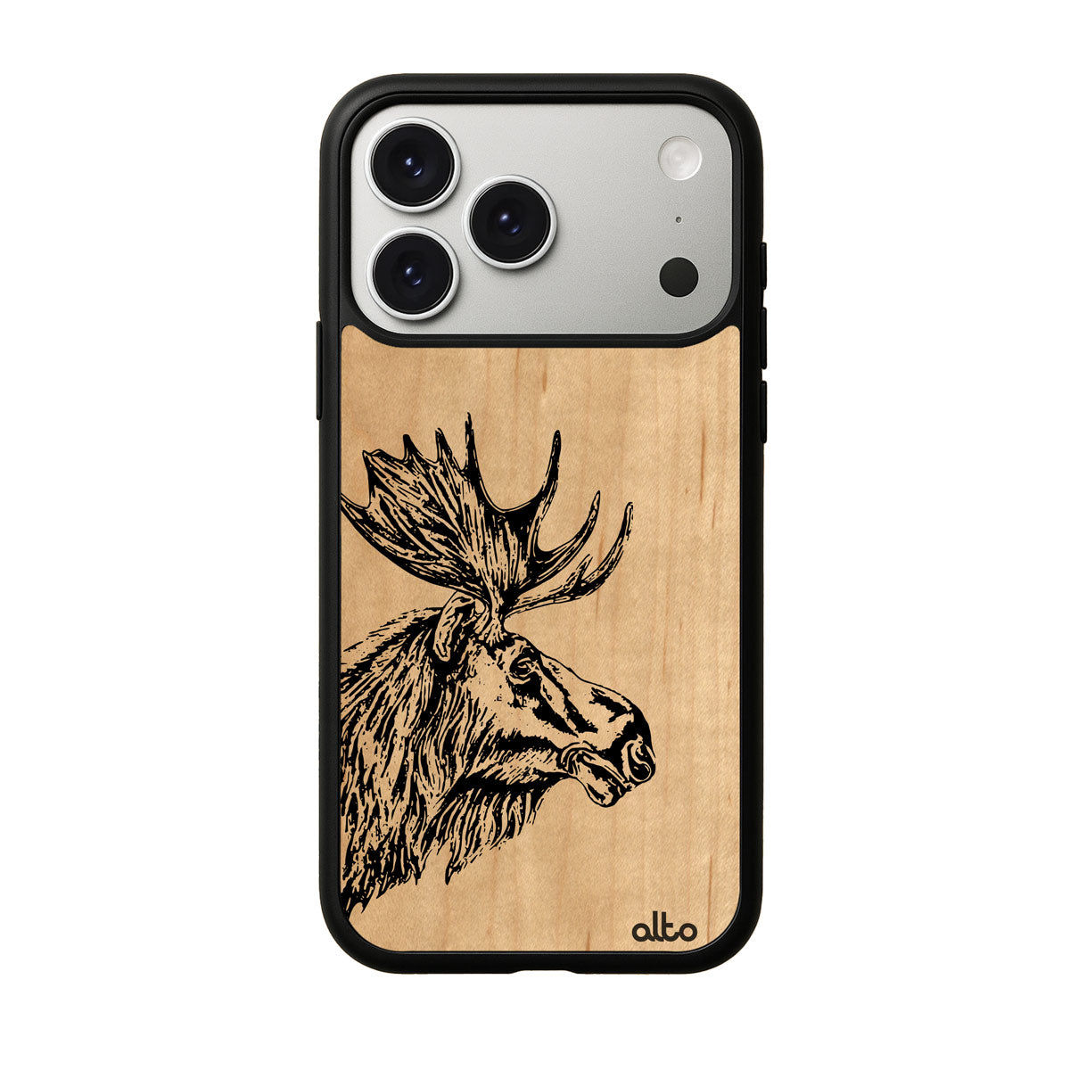 Maple wood with Moose design engraved wood phone case for iPhone 17 pro by Alto Collective