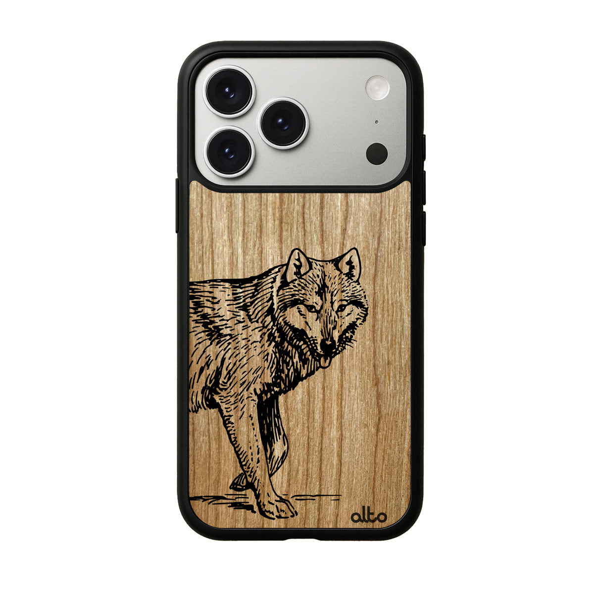 Cherry wood with Wolf design engraved wood phone case for iPhone 17 pro by Alto Collective