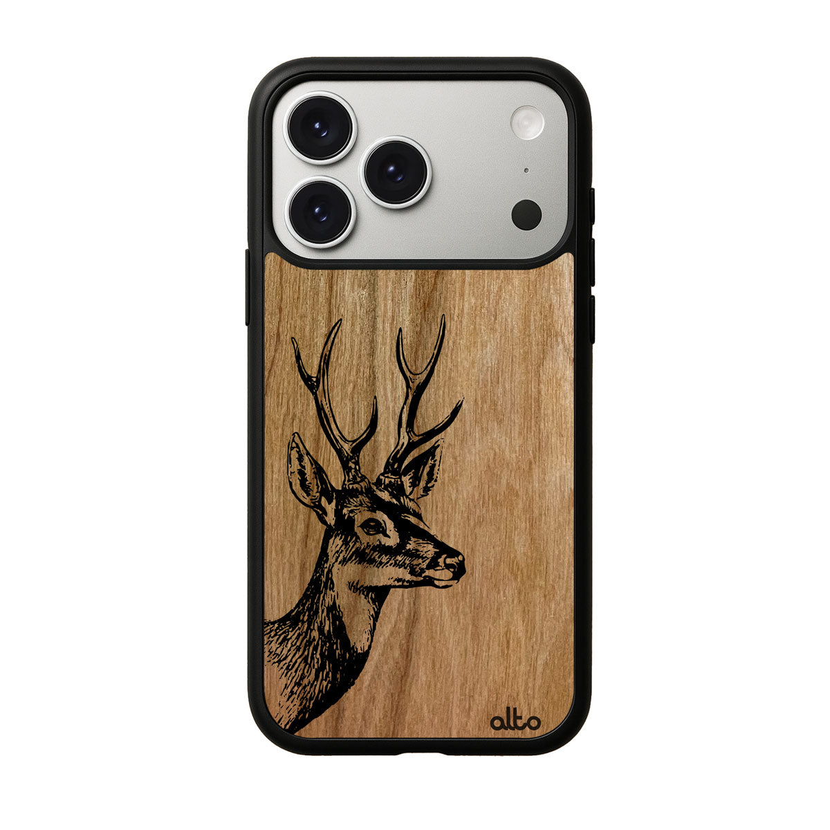 Cherry wood with a Deer design engraved wood phone case for iPhone 17 pro by Alto Collective