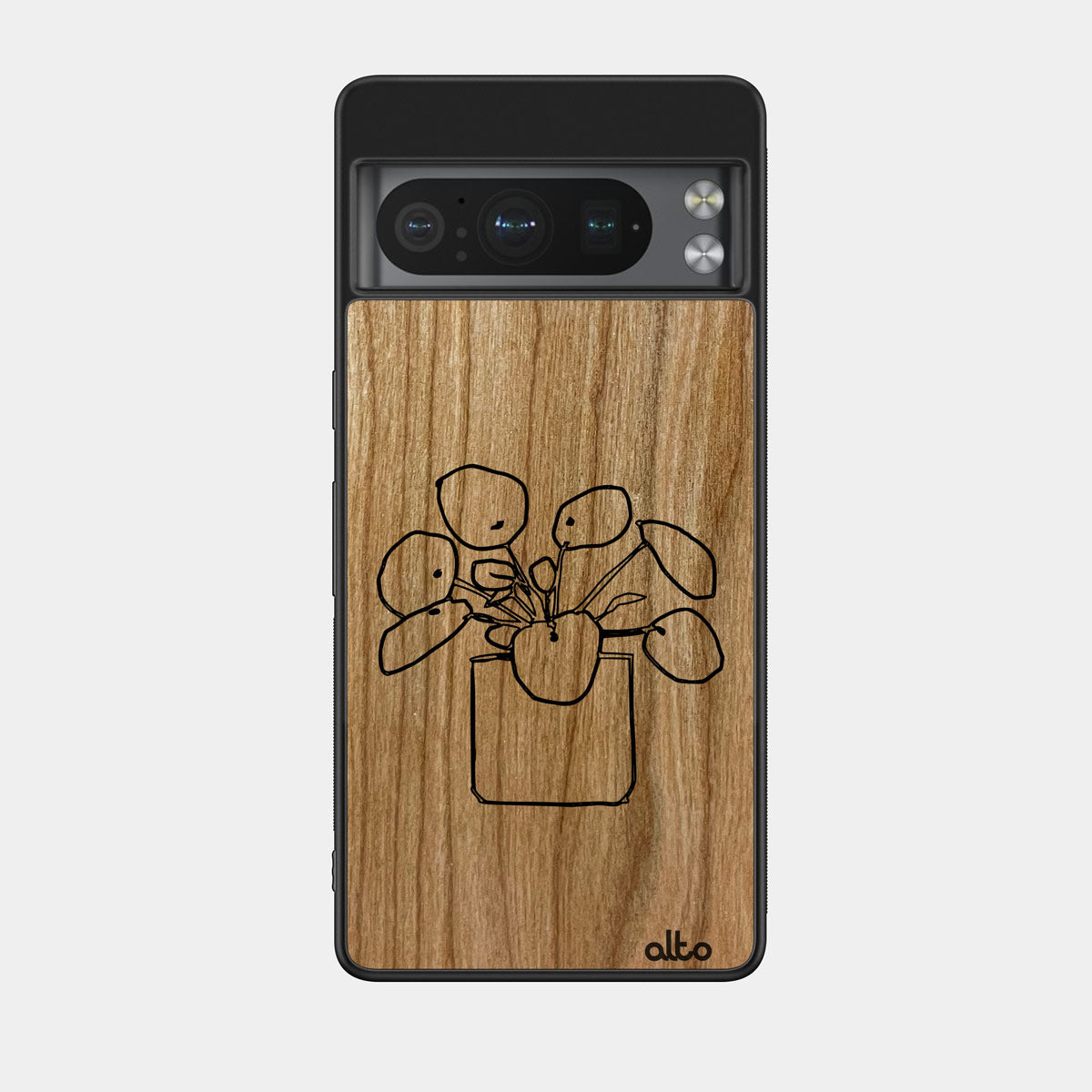 Cherry wood with a Money plant design engraved wood phone case for Google Pixel Smartphones by Alto Collective