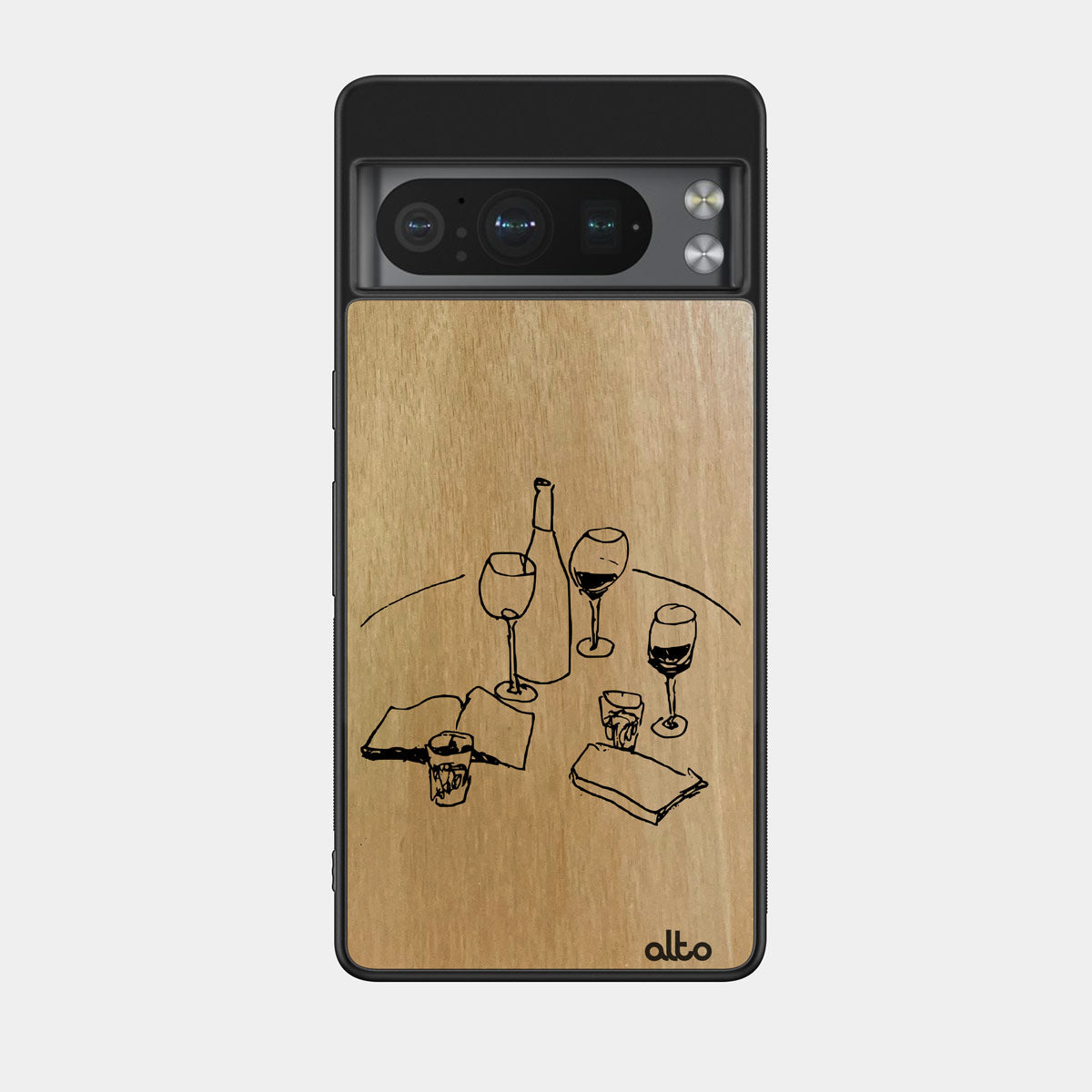 Anigre wood with a gallery line drawing Tabletop with wine design engraved wood phone case for Google Pixel Smartphones by Alto Collective