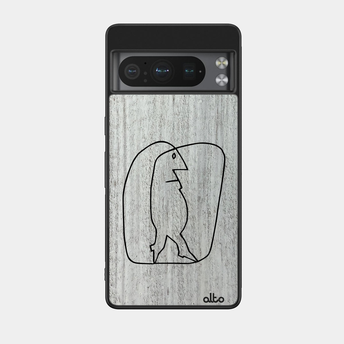 Whitewash Mahogany wood with a gallery line drawing walking in circles design engraved wood phone case for iGoogle Pixel Smartphones by Alto Collective