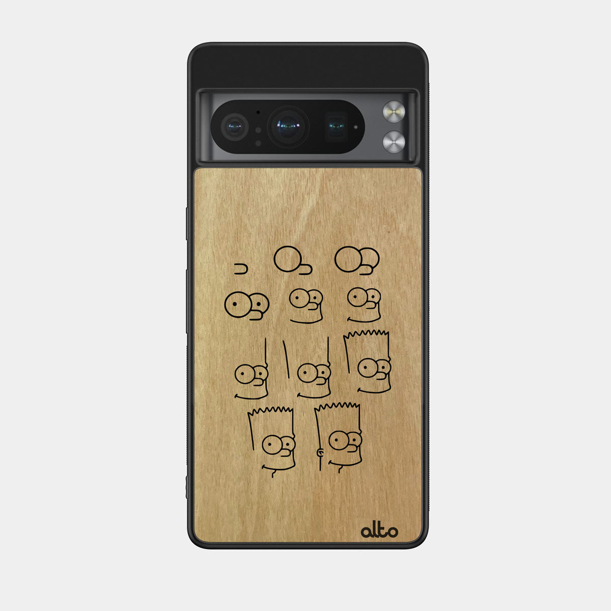 Anigre wood with a Bart Simpson drawing design engraved wood phone case for Google Pixel Smartphones by Alto Collective