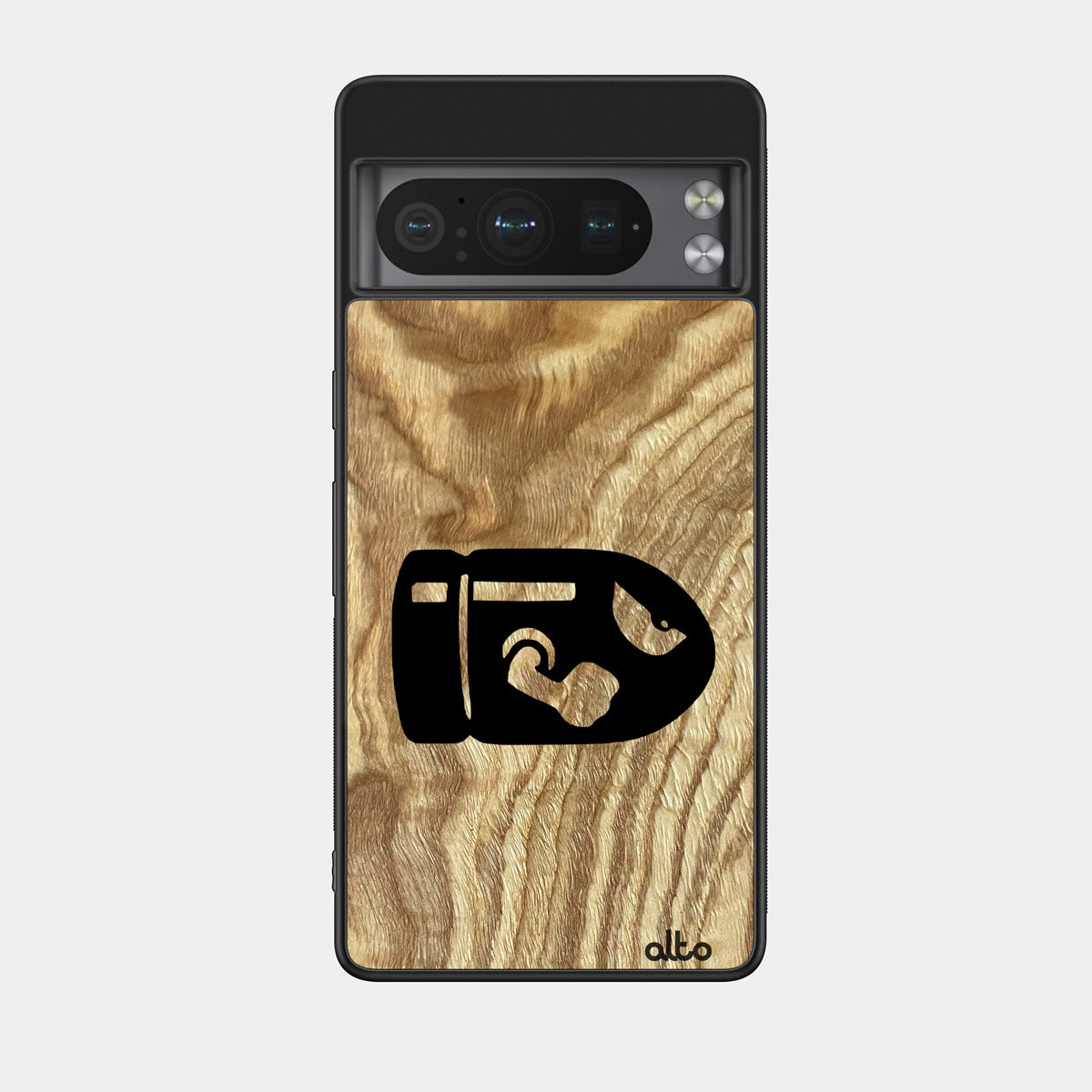 Olive wood with Bullet-Bill design engraved wood phone case for Google Pixel Smartphones by Alto Collective
