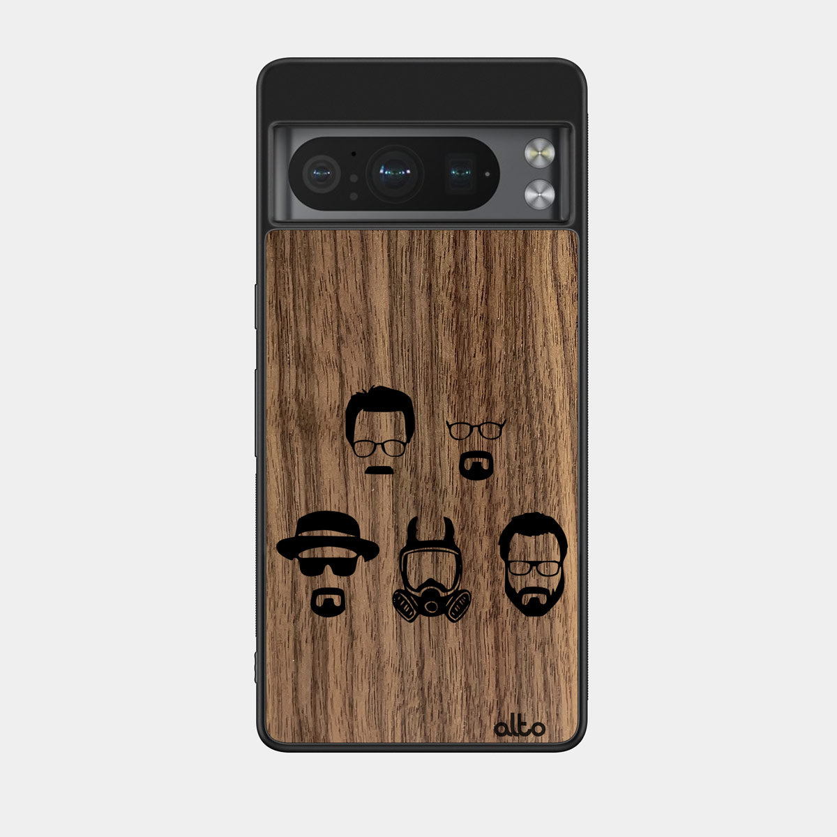 Walnut wood with Walter white faces design engraved wood phone case for Google Pixel Smartphones by Alto Collective