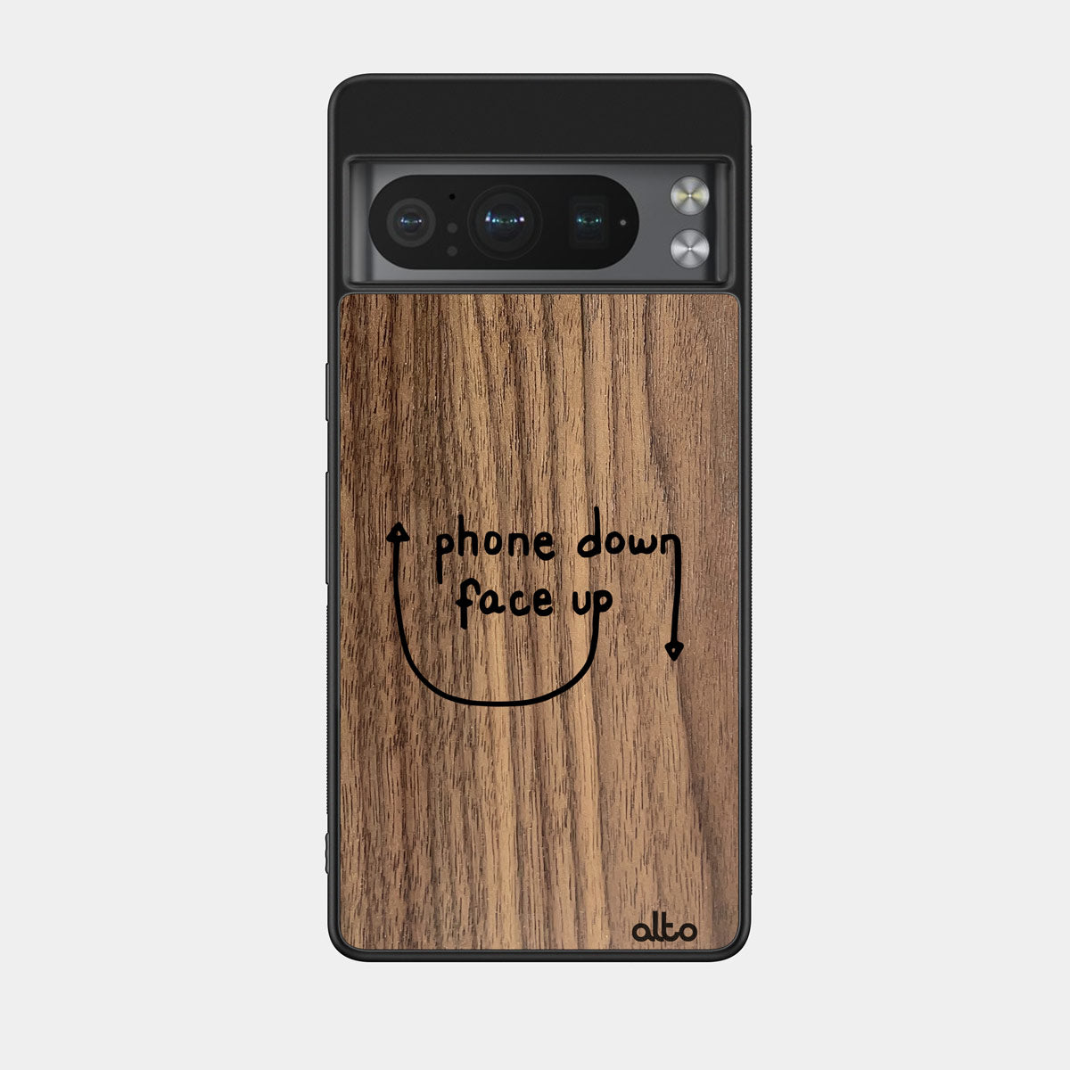 Walnut wood with a "Phone Down Face up" styled design engraved wood phone case for iGoogle Pixel Smartphones by Alto Collective