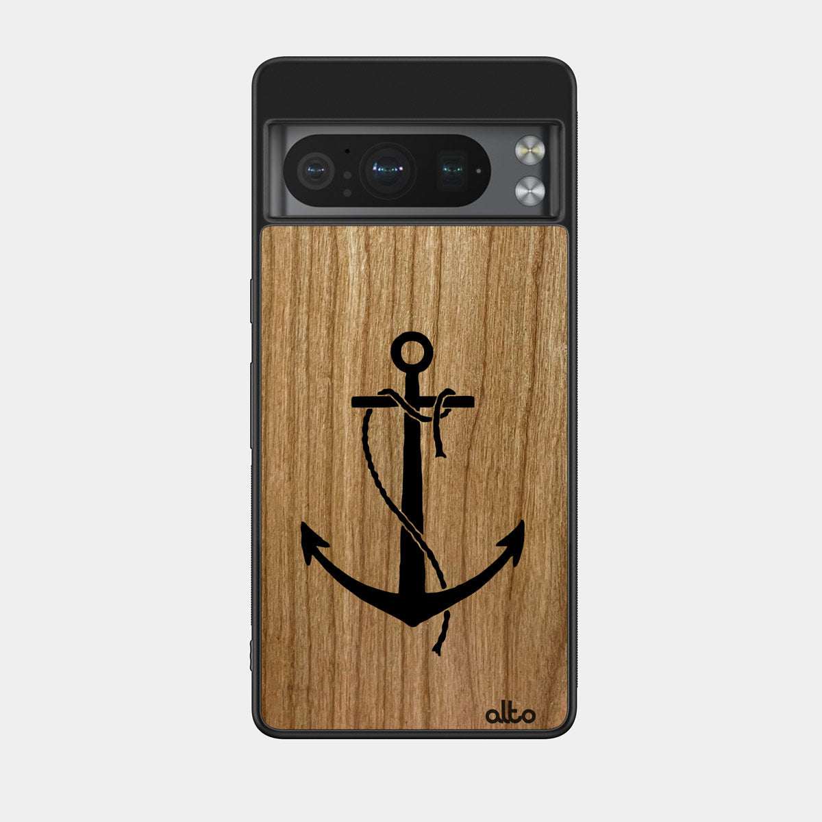 Cherry wood with an Anchor design engraved wood phone case for Google Pixel Smartphones by Alto Collective