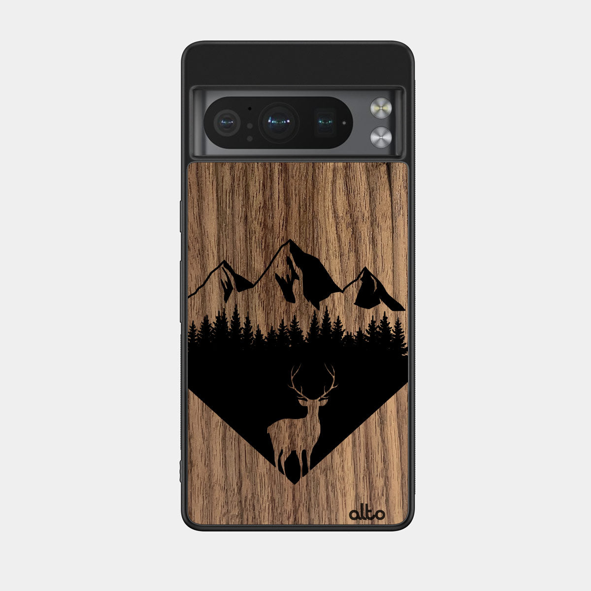 Walnut wood with Backcountry design engraved wood phone case for Google Pixel Smartphones by Alto Collective