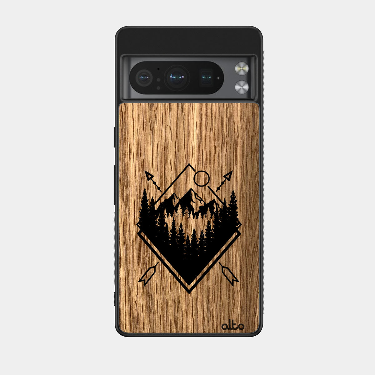Oak wood with a Explore design engraved wood phone case for Google Pixel Smartphones by Alto Collective