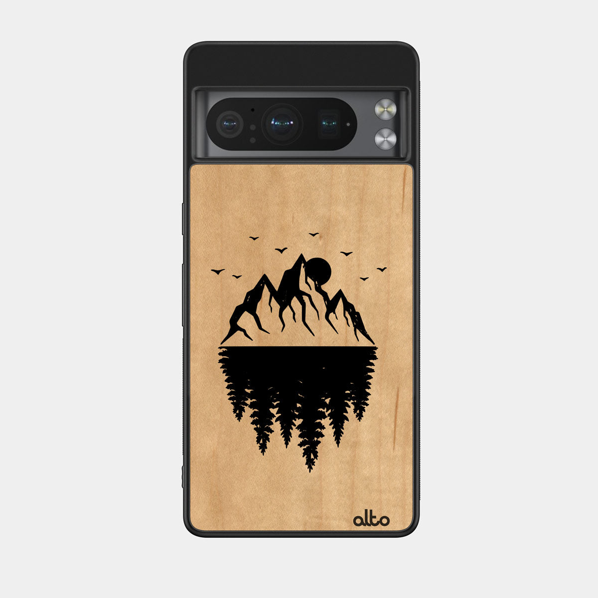 Maple wood with Reflections mountains and trees design engraved wood phone case for iGoogle Pixel Smartphones by Alto Collective