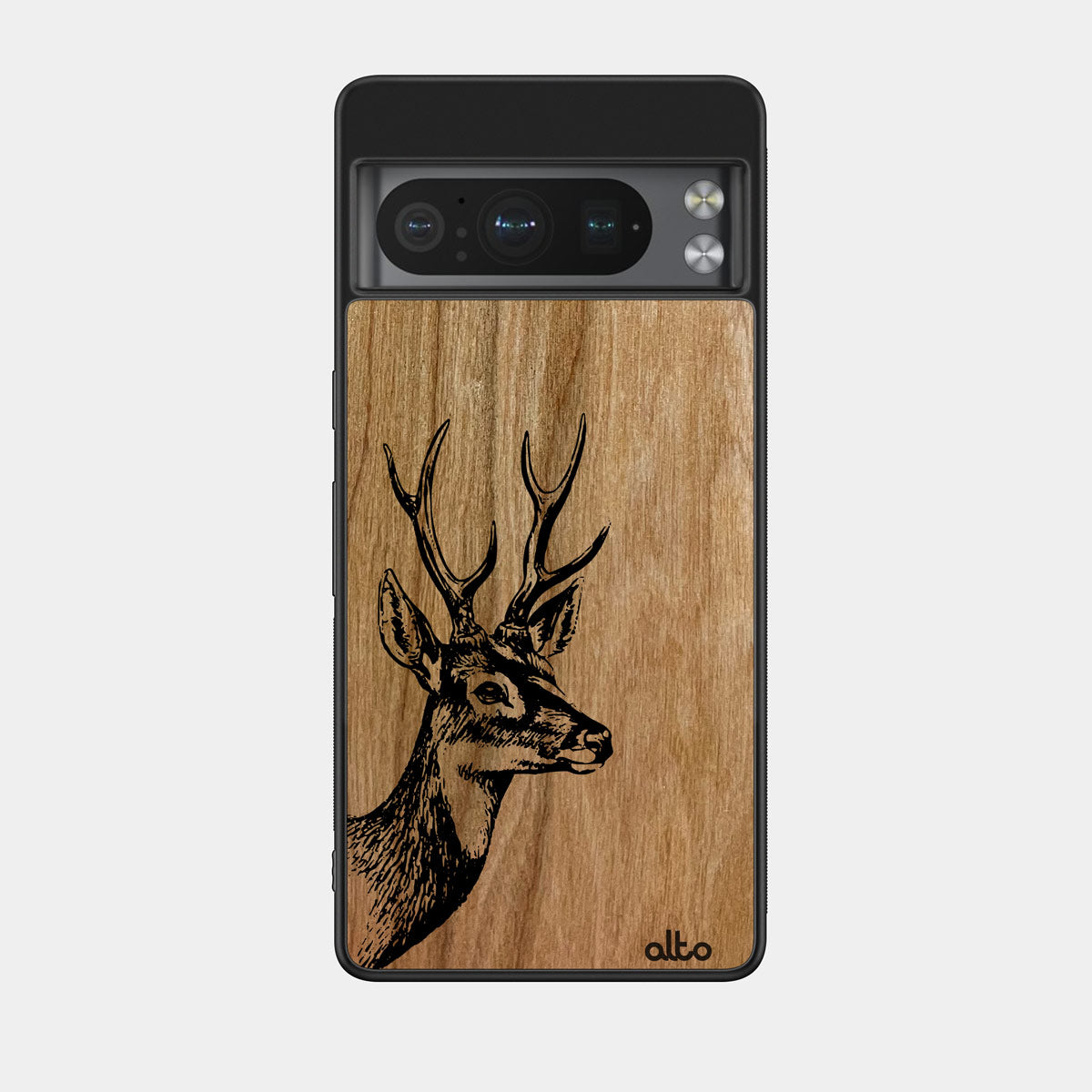 Cherry wood with a Deer design engraved wood phone case for Google Pixel Smartphones by Alto Collective