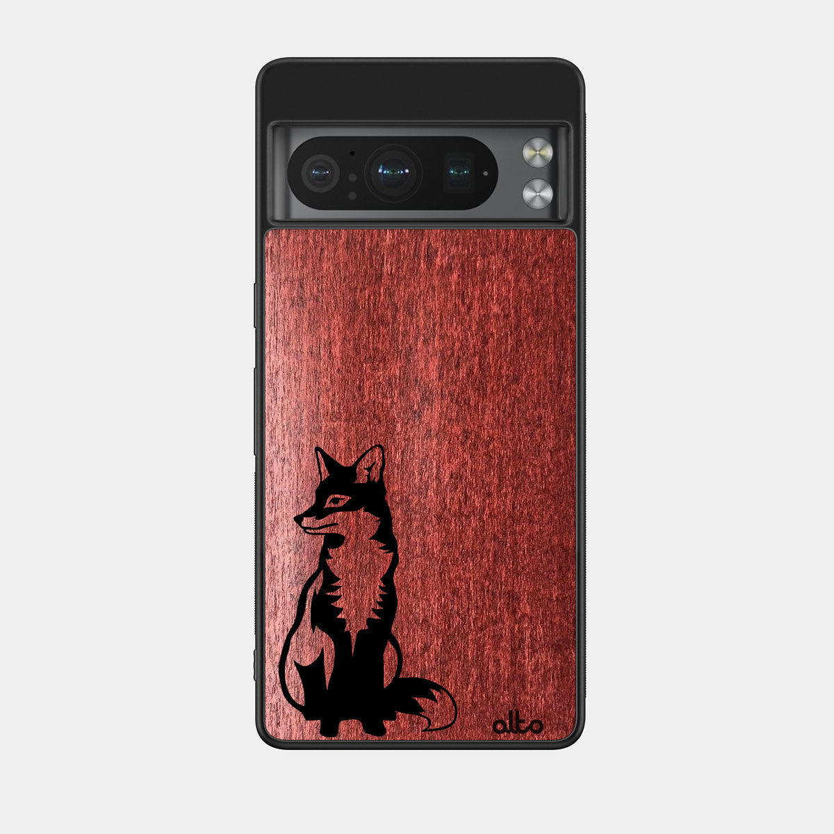 Ruby Tinted Maple wood with Fox design engraved wood phone case for Google Pixel Smartphones by Alto Collective