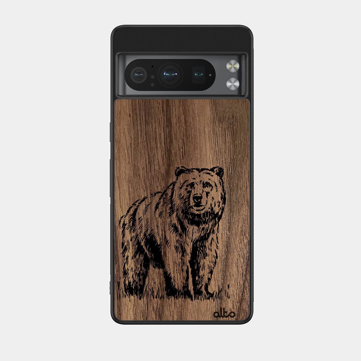 Walnut wood with Grizzly Bear design engraved wood phone case for Google Pixel Smartphones by Alto Collective