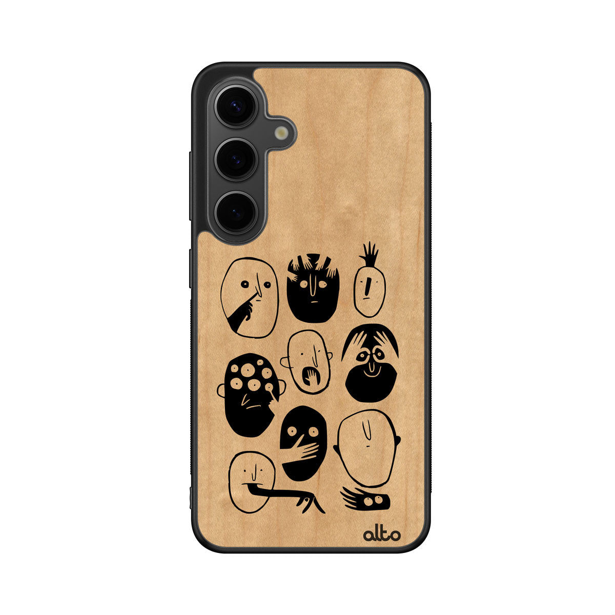 Maple wood with many goofy faces design engraved wood phone case for Samsung Galaxy Smartphones by Alto Collective