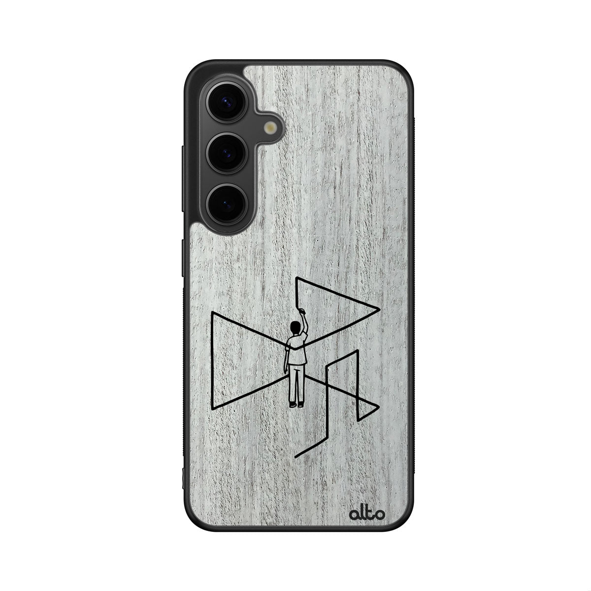 Whitewash Mahogany wood with a gallery line drawing outside the box design engraved wood phone case for Samsung Galaxy Smartphones by Alto Collective