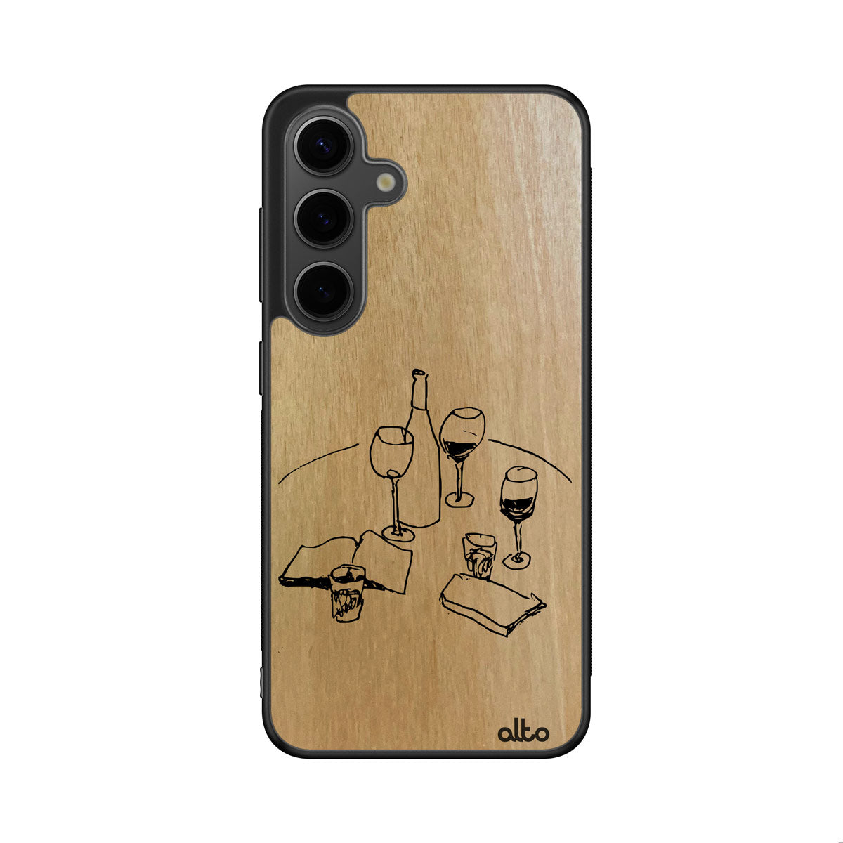 Anigre wood with a gallery line drawing Tabletop with wine design engraved wood phone case for Samsung Galaxy Smartphones pro by Alto Collective