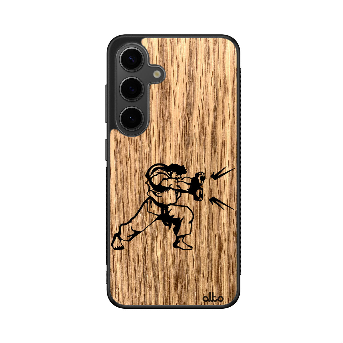 Oak wood with a Hadauken Street fighter design engraved wood phone case for Samsung Galaxy Smartphones by Alto Collective