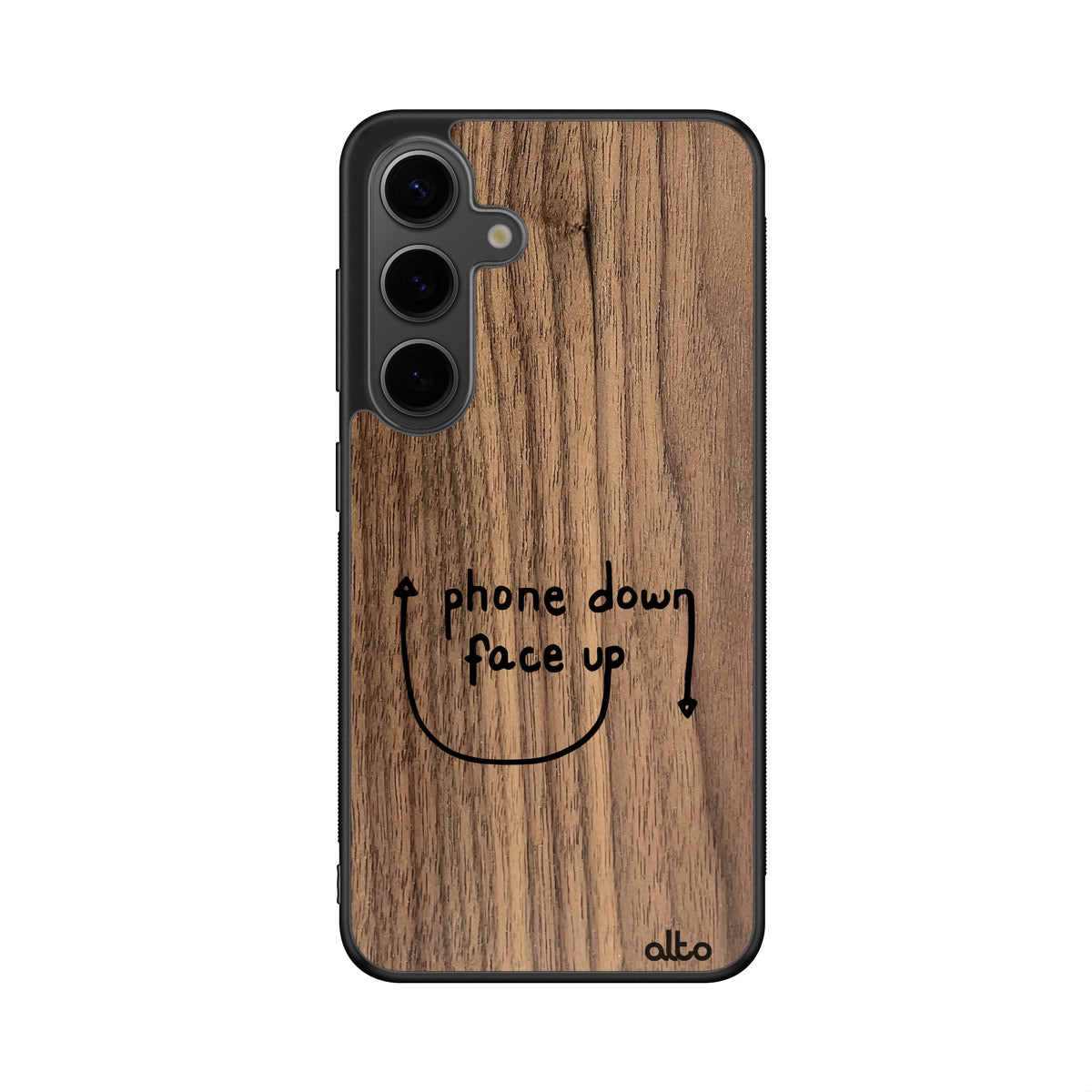 Walnut wood with a "Phone Down Face up" styled design engraved wood phone case for Samsung Galaxy Smartphones by Alto Collective