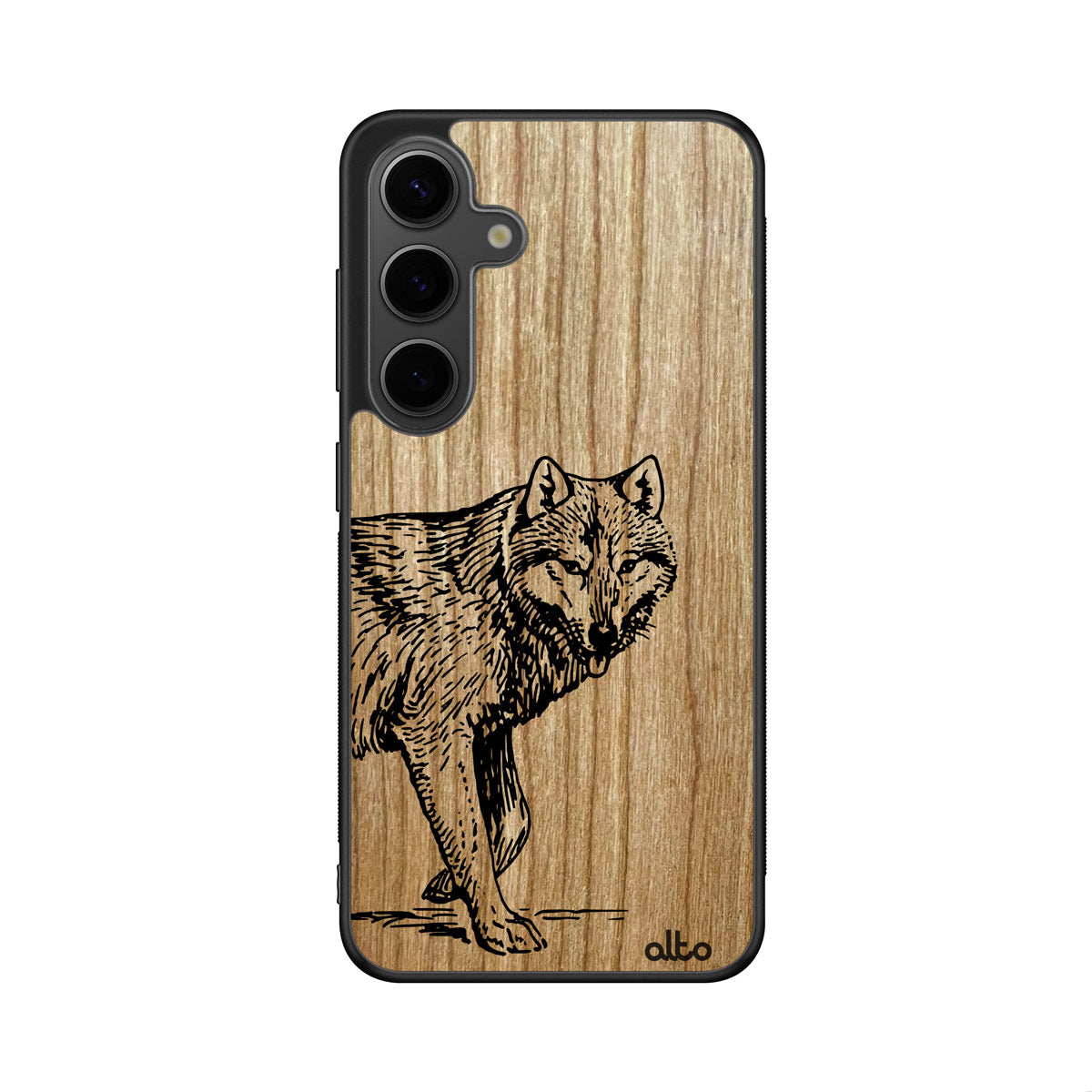 Samsung S26, S25, S24FE Wooden Case - Wolf Design |Cherry Wood | Lightweight, Hand Crafted, Carved Phone Case