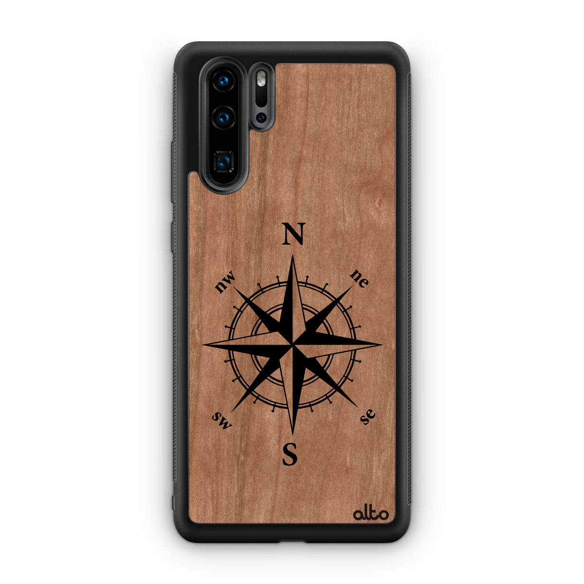 Huawei P40, P30 Pro, P30 Lite Wooden Case Compass Design Cherry Wood  Lightweight, Hand Crafted, Carved Phone Case