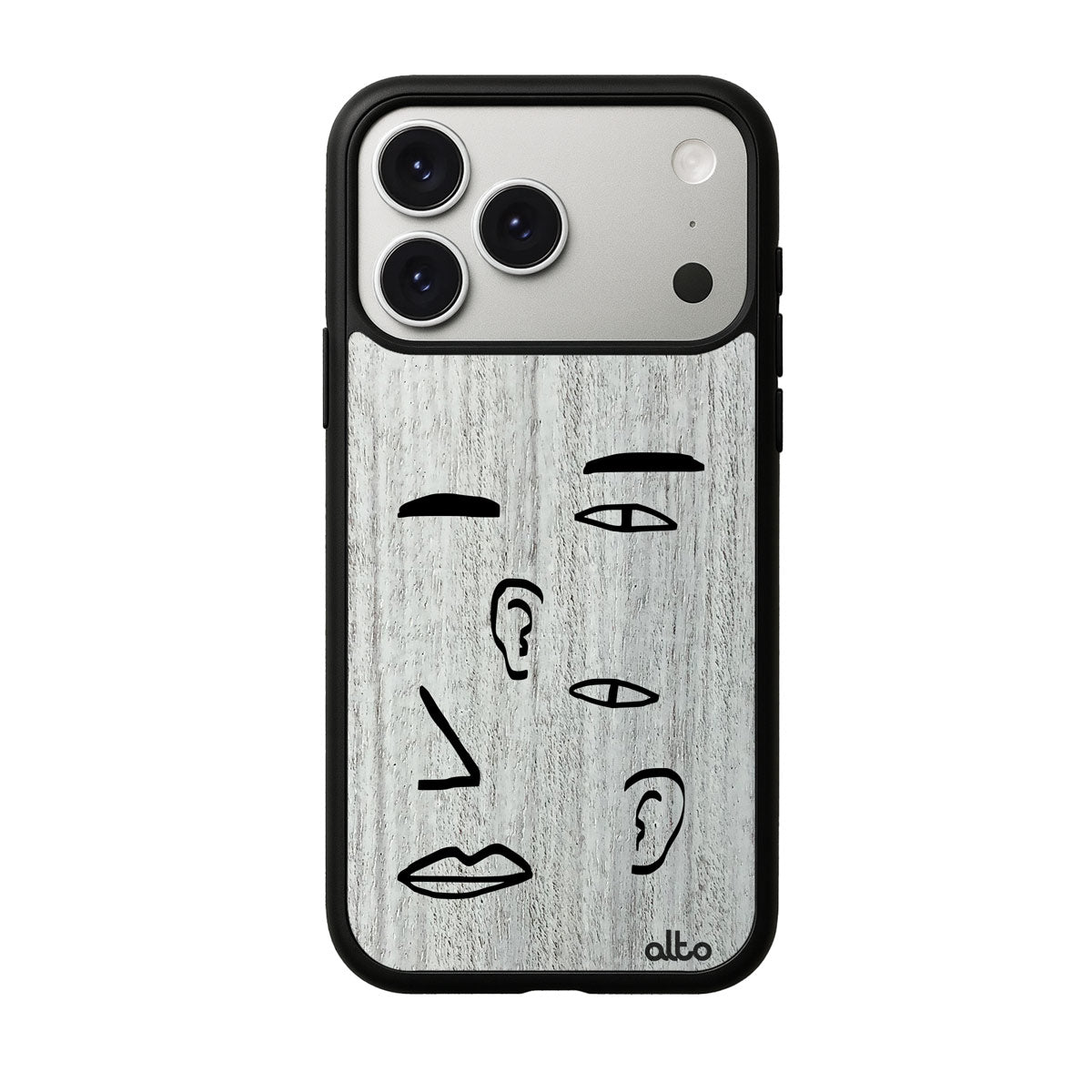 Whitewash Mahogany wood with a gallery minimalist face features design engraved wood phone case for iPhone 17 pro by Alto Collective