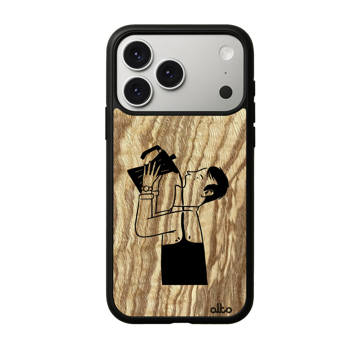 Olive wood with a man drinking coffee from the pot design engraved wood phone case for iPhone 17 pro by Alto Collective