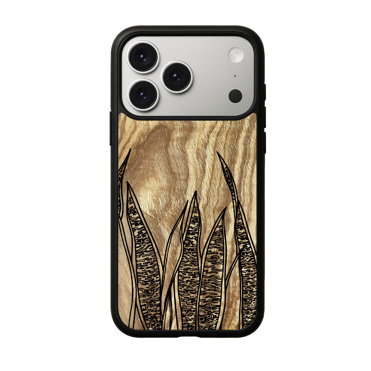 Olive wood with a Snake plant design engraved wood phone case for iPhone 17 pro by Alto Collective