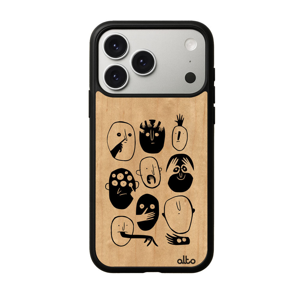 Maple wood with many goofy faces design engraved wood phone case for iPhone 17 pro by Alto Collective