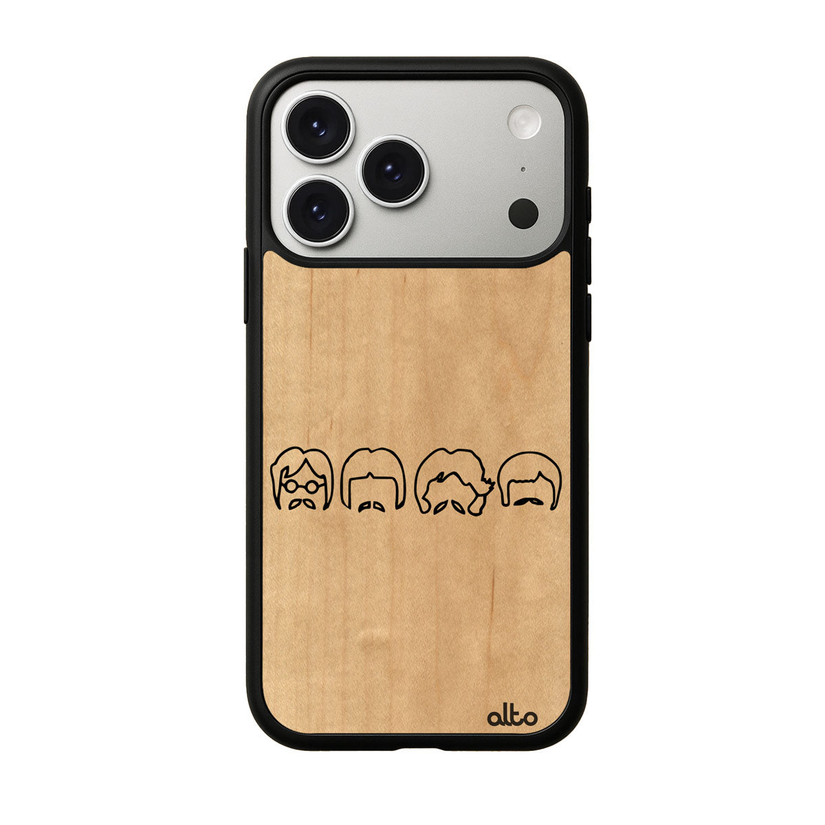 Maple wood with a beatles inspired design engraved wood phone case for iPhone 17 pro by Alto Collective