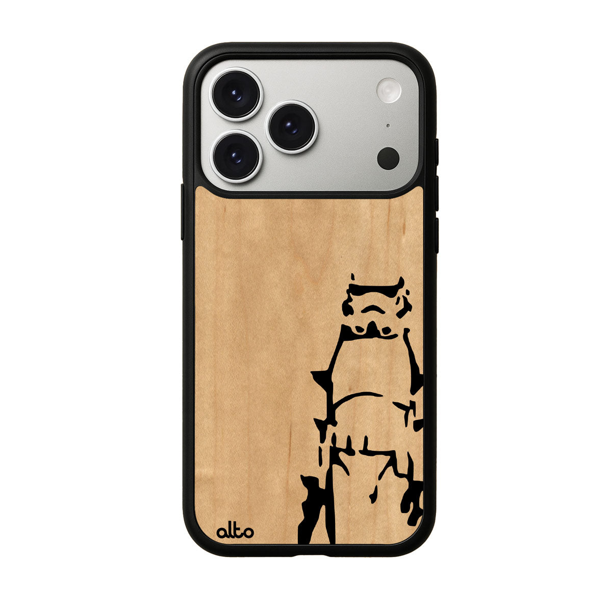 Maple wood with a Rogue Stormtrooper design engraved wood phone case for iPhone 17 pro by Alto Collective