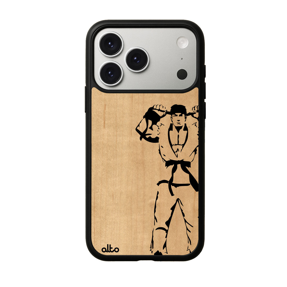 Maple wood with Ryu Street fighter design engraved wood phone case for iPhone 17 pro by Alto Collective