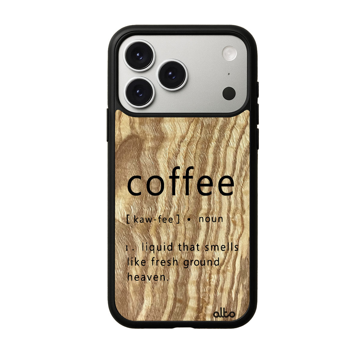 Olive wood with a Coffee Definition design engraved wood phone case for iPhone 17 pro by Alto Collective